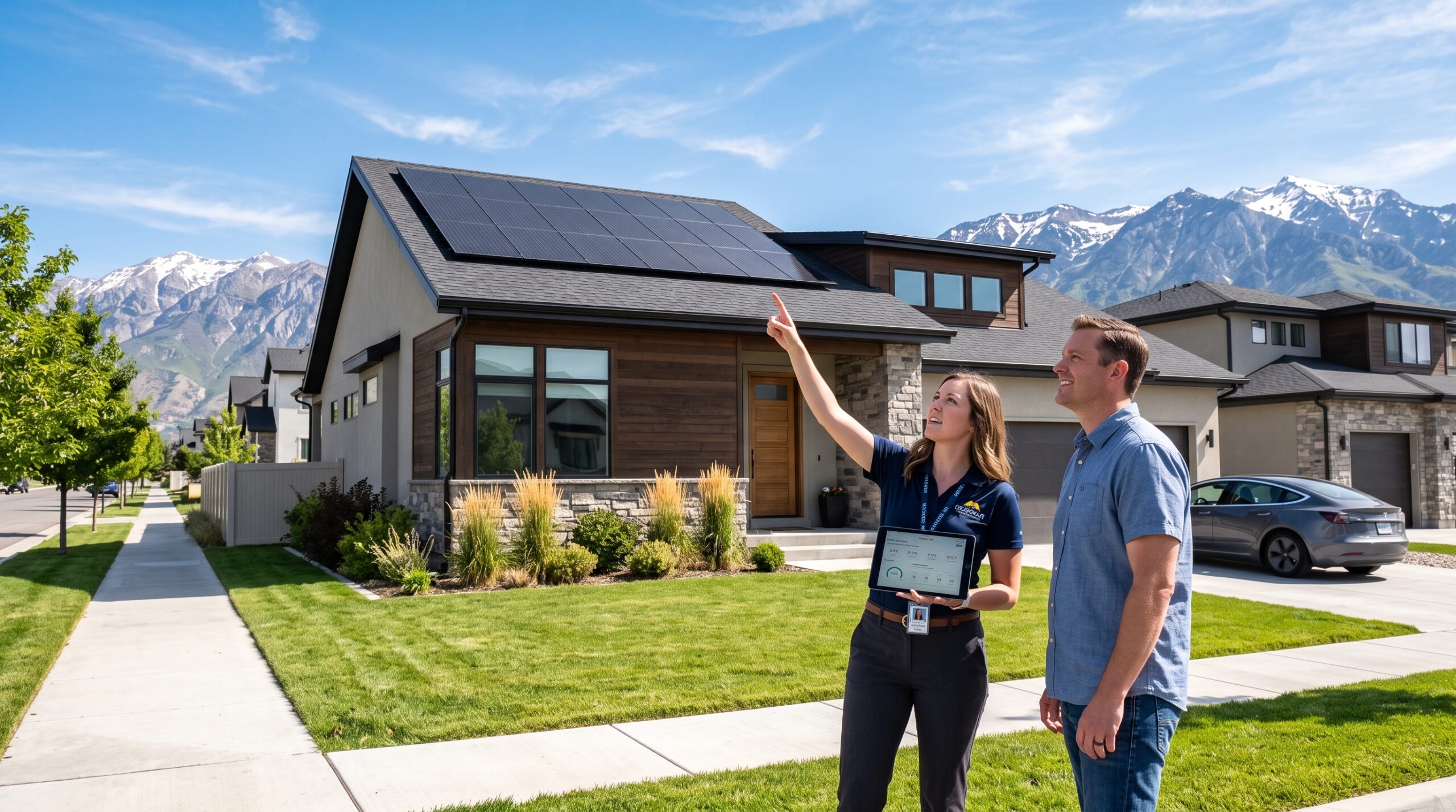 A clean, modern suburban home in Utah with a south-facing rooftop under bright blue sky, professional solar consultant pointing at the roof with a tablet, photorealistic architectural photography style, warm natural daylight, high detail.